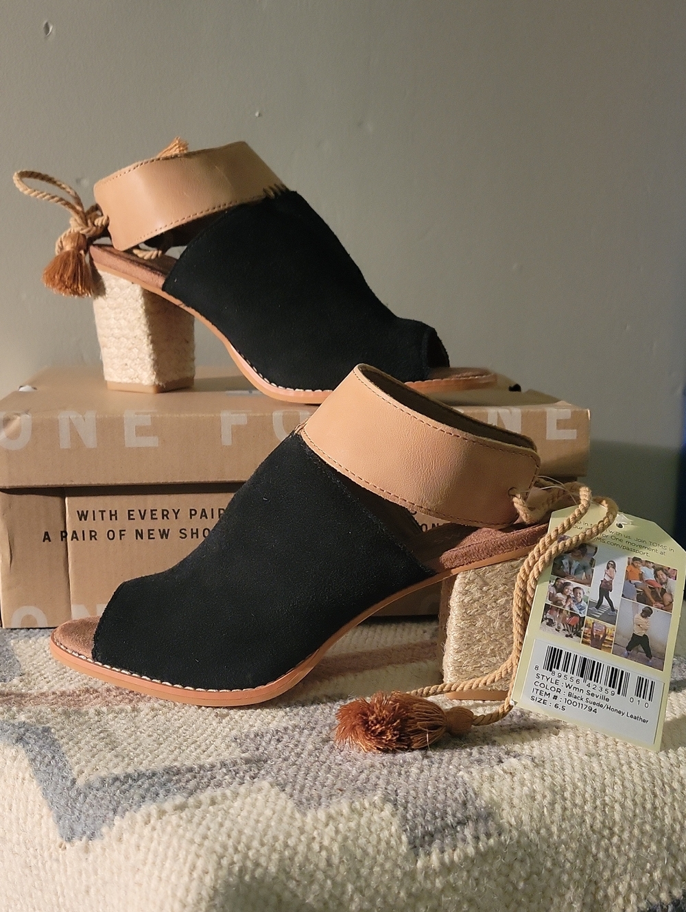 Toms Black Suede Open-Toe Heels with Tan Ankle Strap